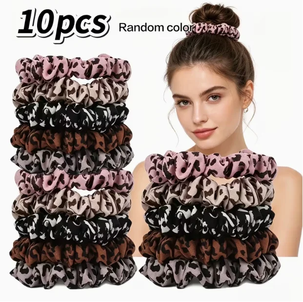10pcs random color Leopard print small intestine hair band, high elasticity elastic hair tie Attitude hairband