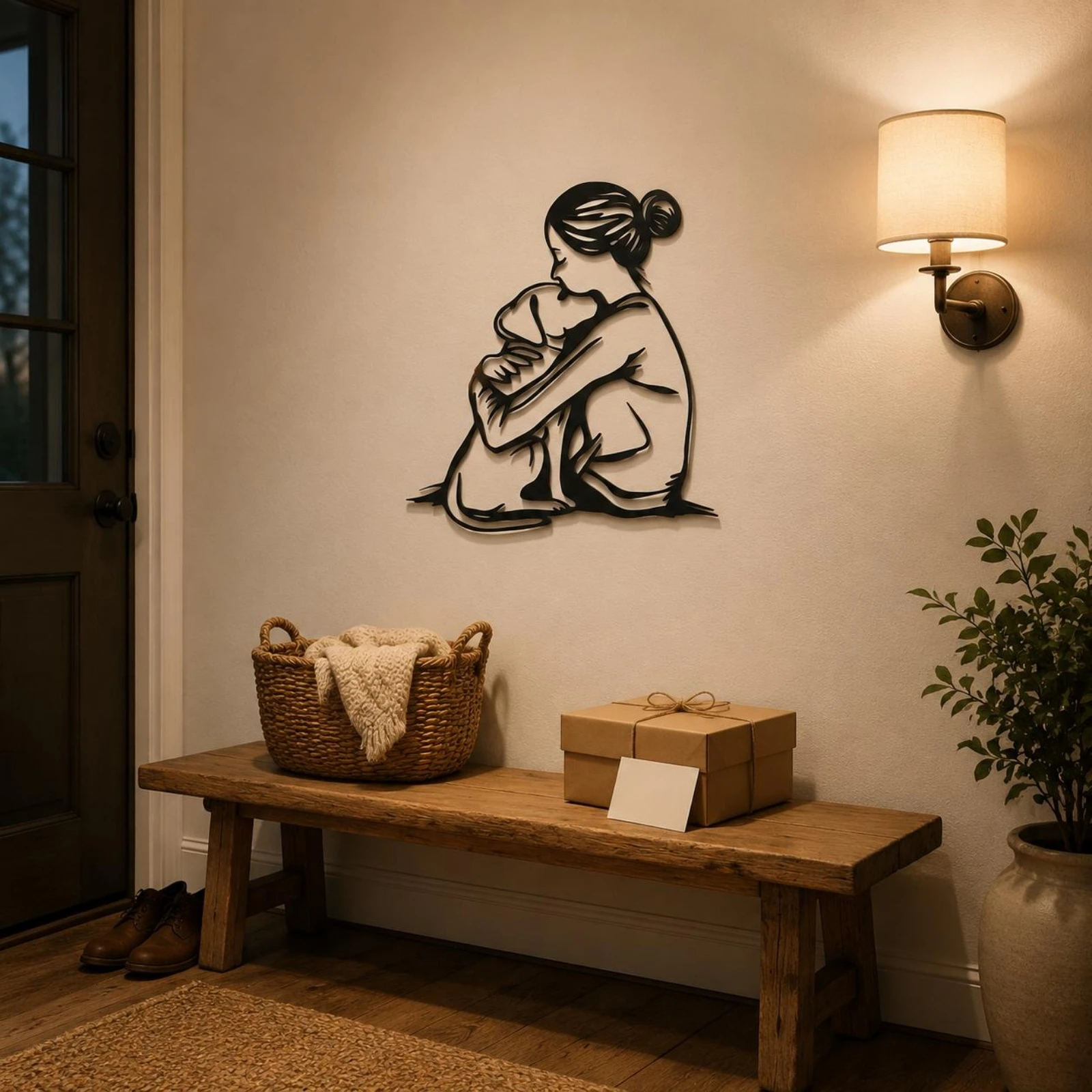 Metal Outline Wall Decor Minimalist Girl and Dog Wall Art Black Line Drawing Decorative Pet Lover Gift