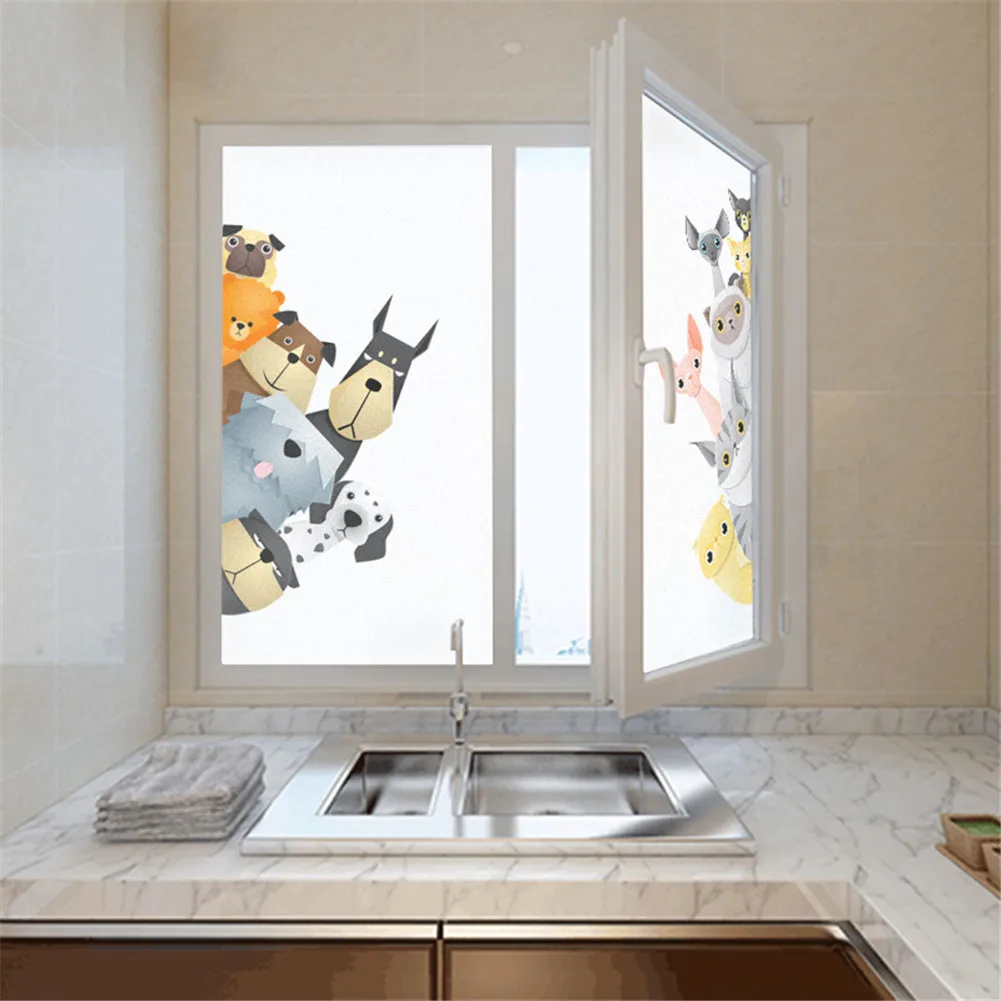 Privacy Windows Film Decorative Cats Dogs Stained Glass Window Stickers No Glue Static Cling Frosted Window Cling Window Tint