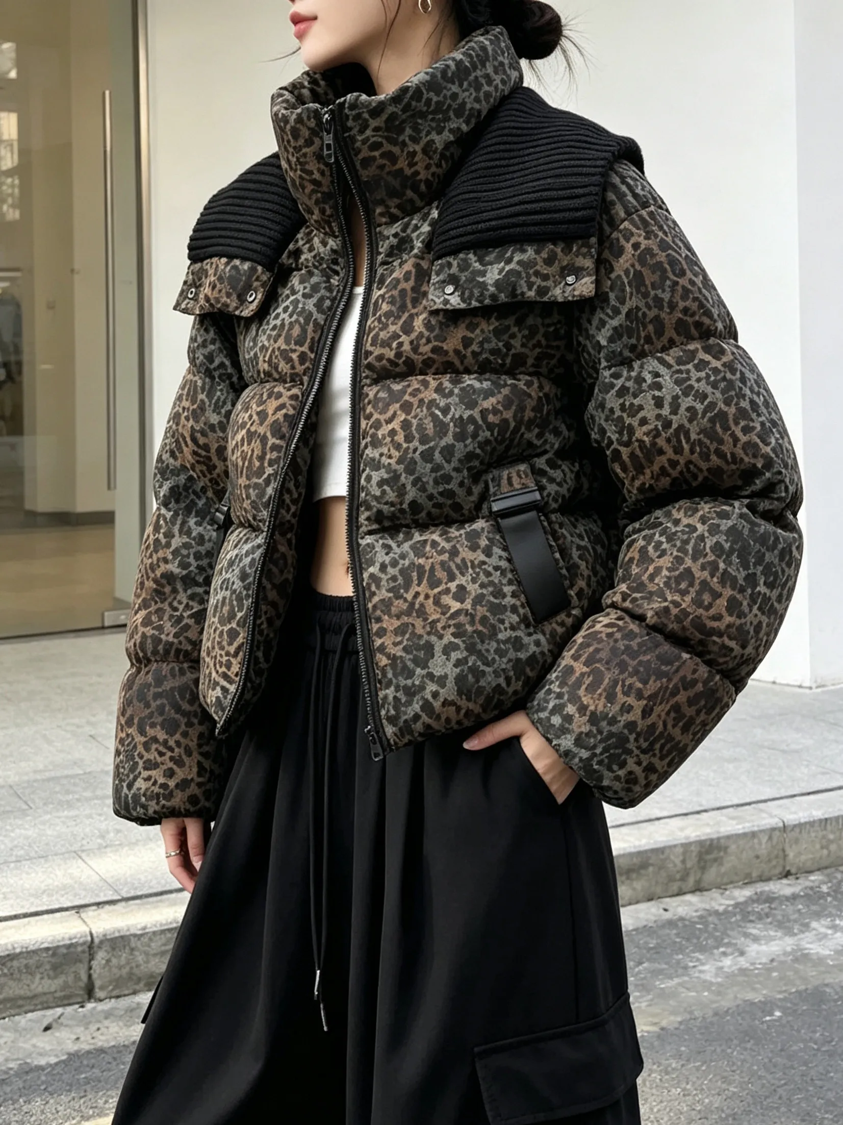 Winter Stand Collar Leopard Print Down Jacket Female Puff Fluffy Zipper Warm Jacket Women White Duck Down Thick Parker Outwears