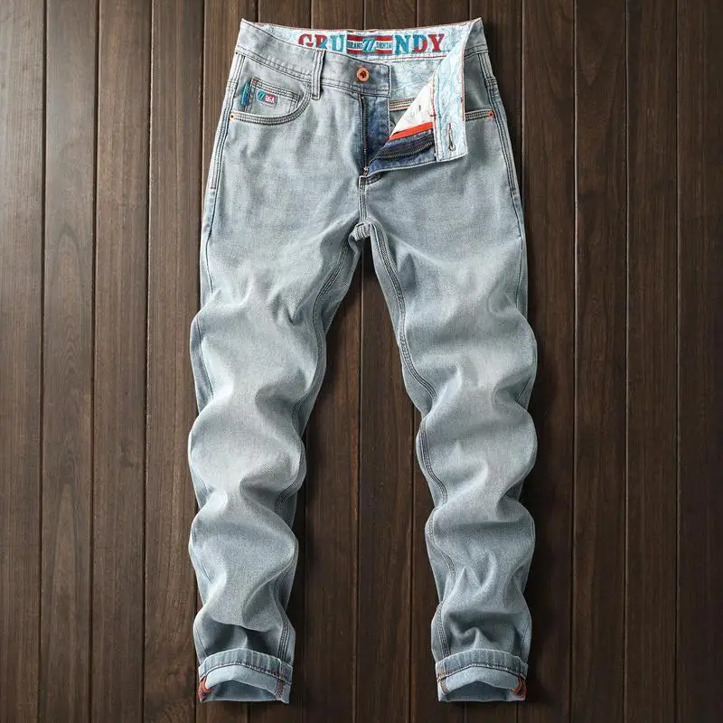 Men's slim-fit jeans with straight legs are made of cotton and spandex, casual, versatile, stylish, modern, luxurious, soft and