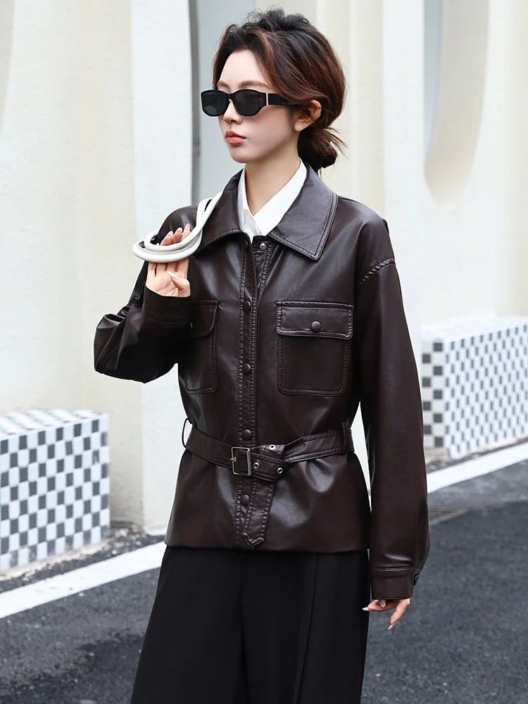 Ele ort بولي Leather الجلود السائق Jaet المرأة الخصر مقصوص الخريف مزاجه بارد عادية Sle Faionable معطف فوقي