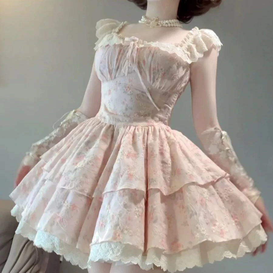 Vestido lolita vintage feminino, renda, patchwork, doce, princesa, babado, cintura alta, em camadas, moda coreana, vestido elegante