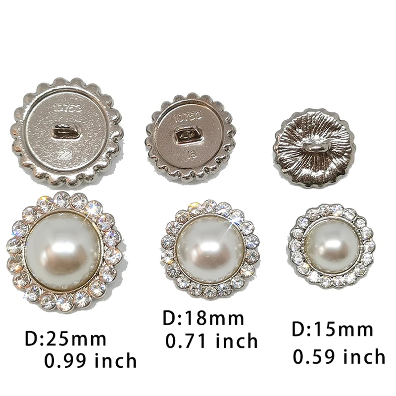 15/18/25MM Silver Rhinestone Buttons Of Clothing Luxury Pearl Round Decor Button Sewing Notions Accessories Crafts Apparel DIY