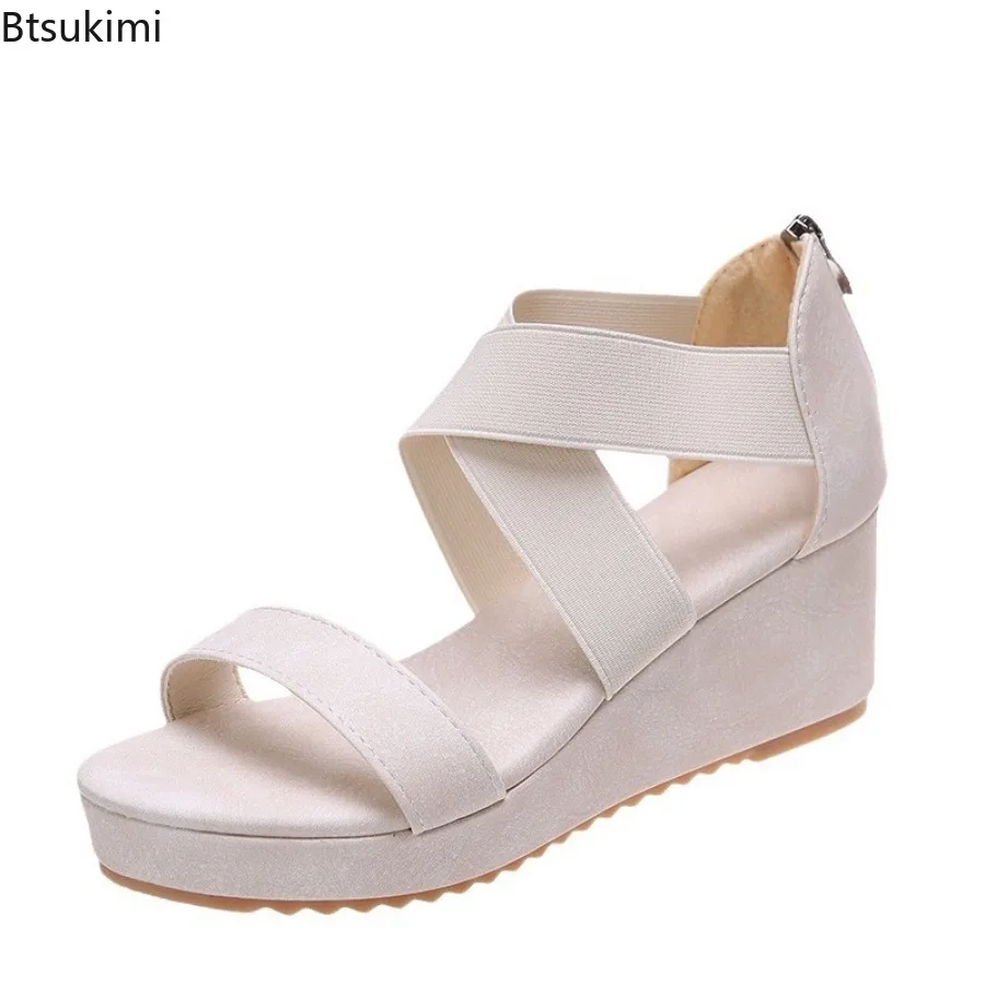 New Wedge Sandals for Women 2024 Summer Fashion Cross-strap One Word Roman Shoes Ladies Chunky Soled Back Zip Peep Toe Sandalias