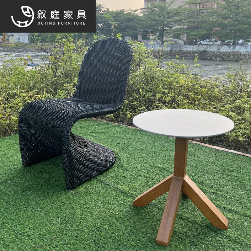 Outdoor garden courtyard creative design rattan single chair solid wood coffee table combination outdoor waterproof and sunscree