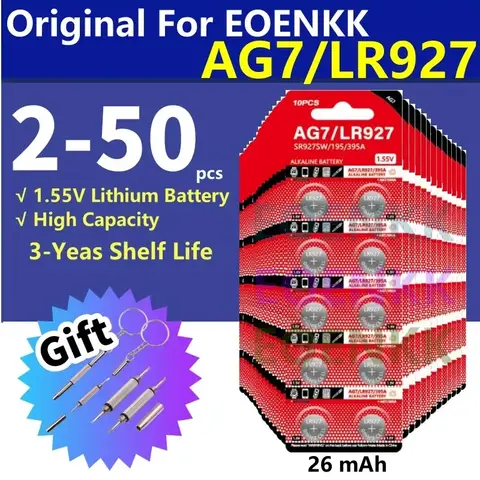 대용량 AG7 알카라인 배터리, 단추 셀, LR927, LR57, 399, GR927, G7 시계 완구, 선물 포함 원격 카메라, SR927W, 1.5V, 2-50 개