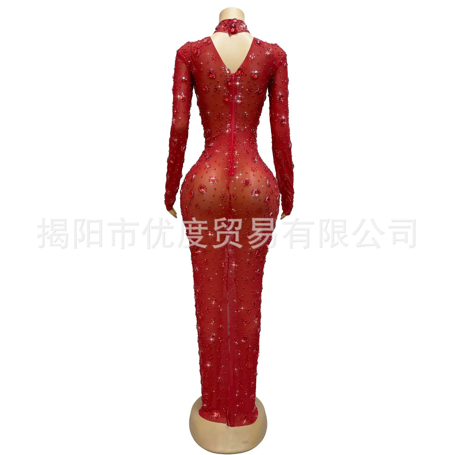 Bright Handmade Rhinestones High-end Temperament Cocktail Party Red Carpet Dress Performance With Circle Chest Red Party Dresses