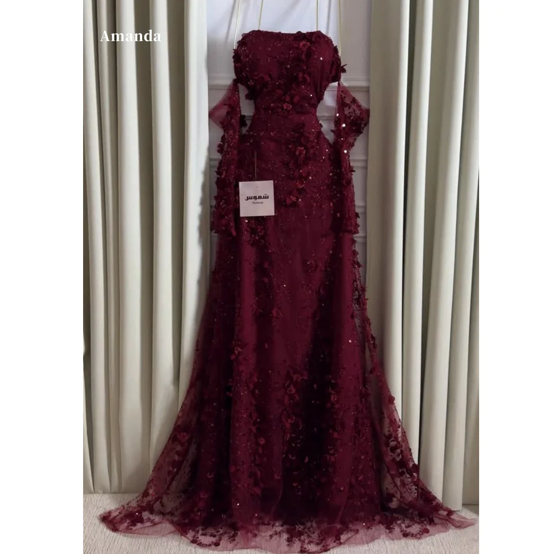 Amanda Customized Burgundy Strapless Prom Dress 3D Floral Sequin Tulle Train vestidos de noche Formal Evening Luxury Wedding