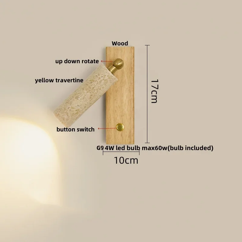 Wecus Rotate Copper LED Wall Lamp Porch Reading Nordic Modern Natural Yellow Travertine Button Switch Wood Bathroom Mirror Light
