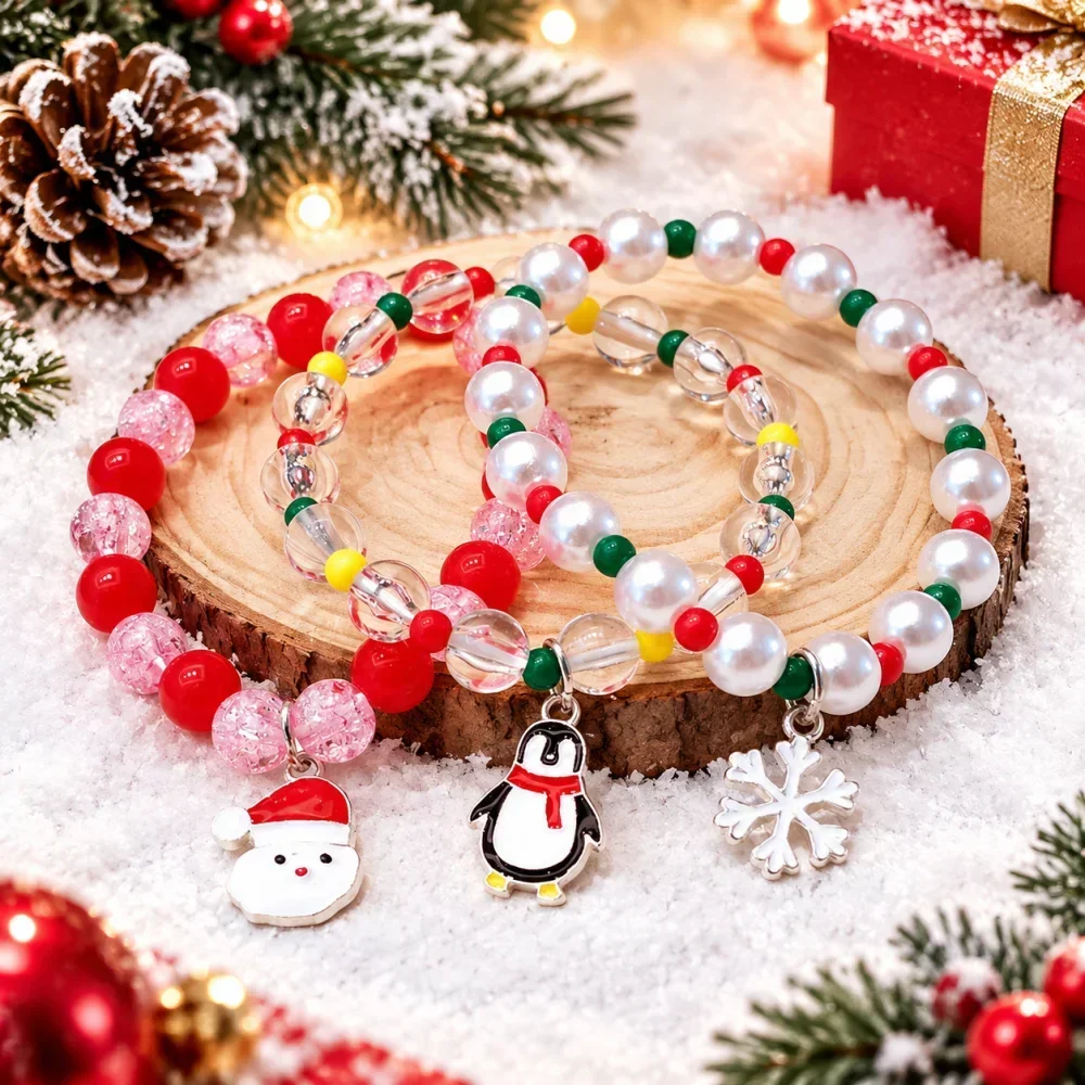 Christmas Charm Bracelet Colorful Beaded Bracelet with Snowman Red Mitten Pendant Cute Holiday Jewelry Gift for Kids Women