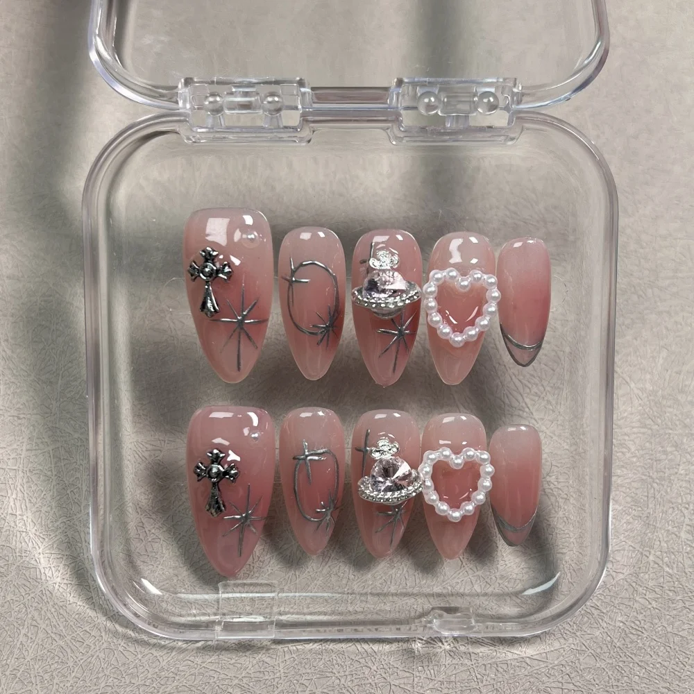 

10pcs Blush Pink Fake Nail Patches Handmade Pearl Love Heart Press On Nails Planet Cross Designs Detachable Almond