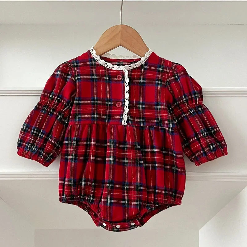 2024 New Autumn 2-6Yrs Girl Party Dress Long Sleeved Cotton Grid Baby Girl Romper Kids Princess Dresses Christmas Sister Dress