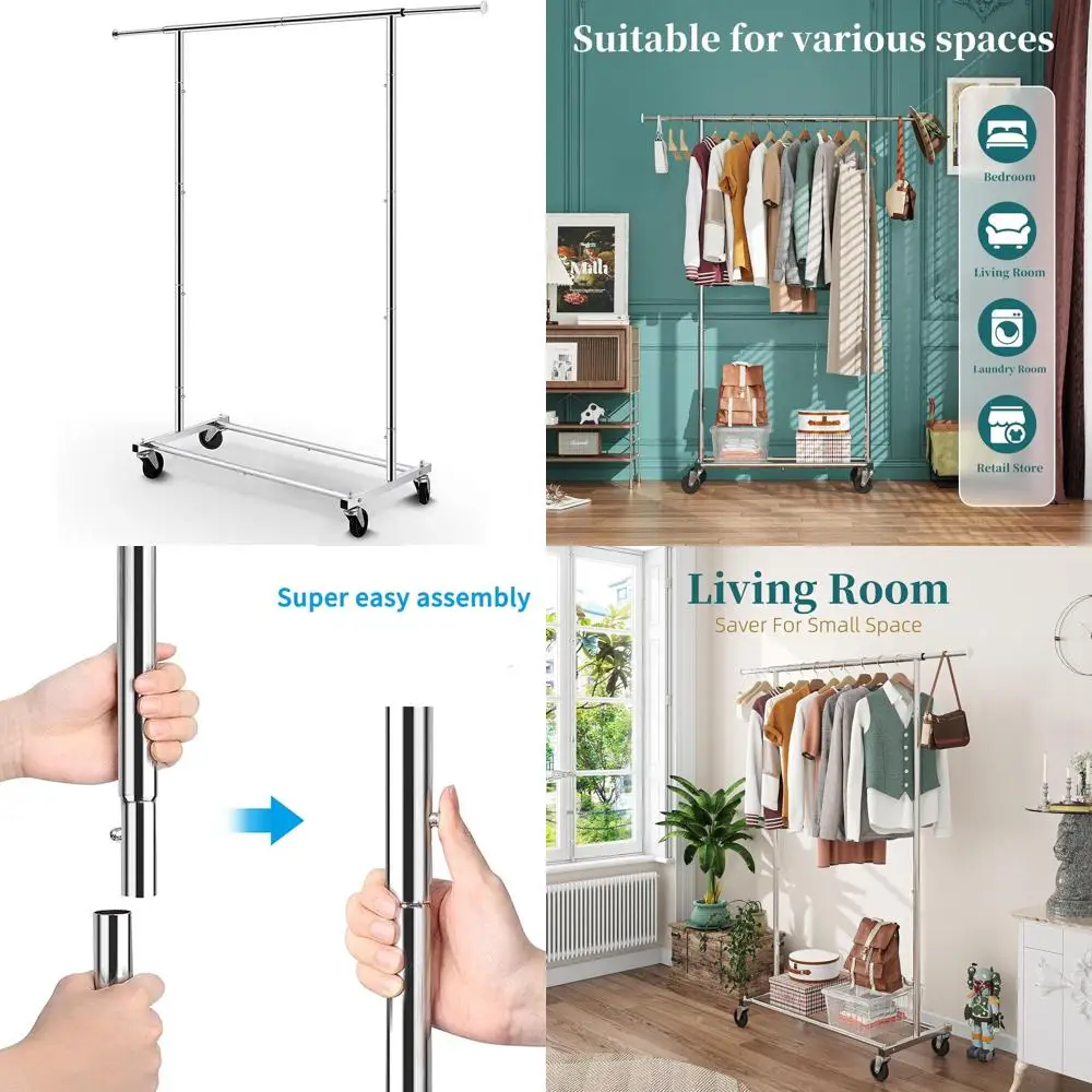 

Chrome Rolling Garment Rack with Hanging Rod for Clothes, Mobile Clothes Organizer
