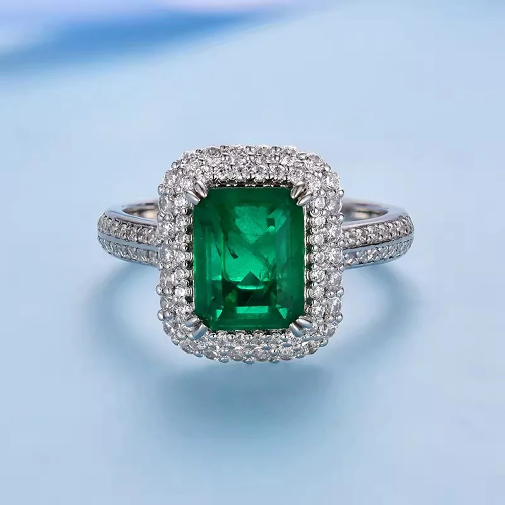 Wong Rain Vintage 925 Sterling Silver 7*9 MM Emerald High Carbon Diamonds Gemstone Ring for Women Fine Jewelry Anniversary Gifts