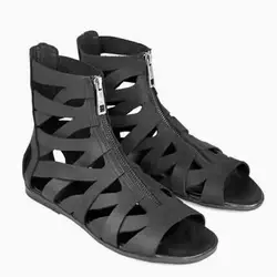 British Men's Black Leather Gladiator Cuts Out Hollow Flat High Top Sandals Male Peep Toe Zipper Front Woven Leisure Beach Shoes