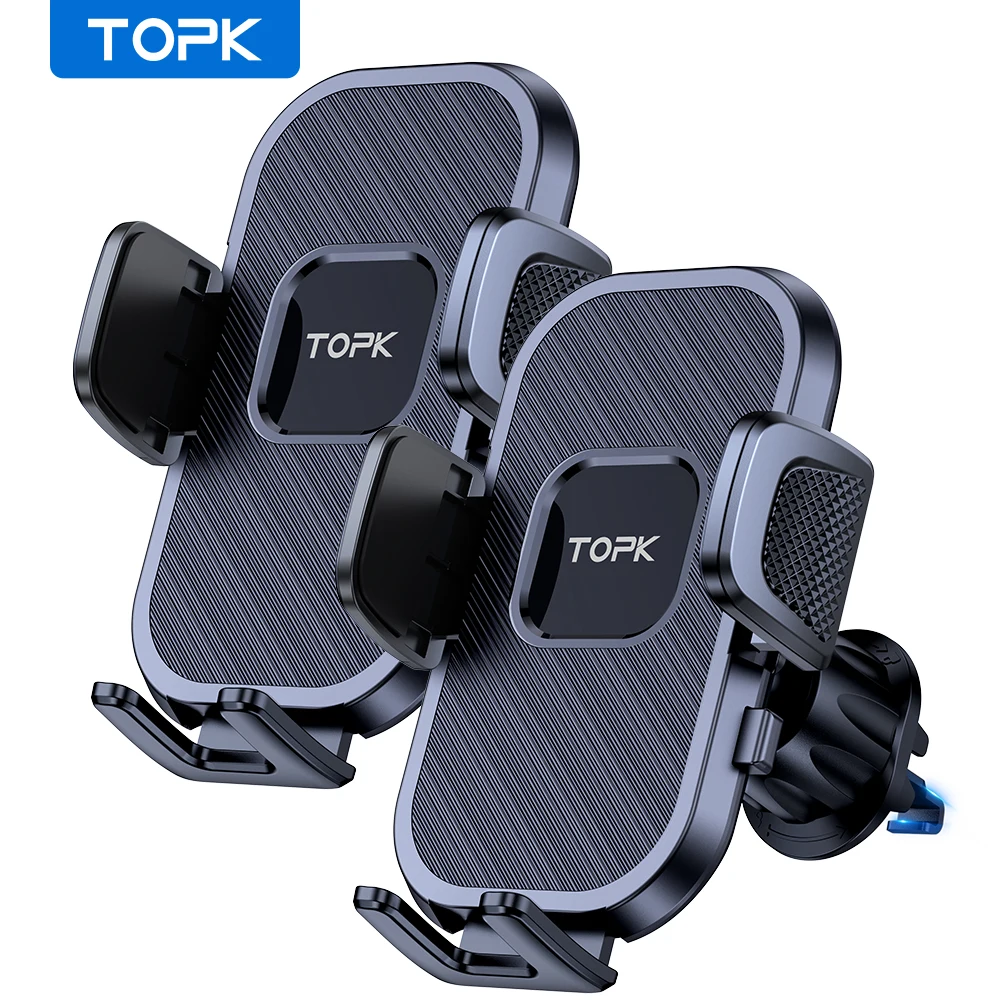 TOPK 2-Pack Phone Holders for your Car [Wider Clamp & Metal Hook] Car Phone Mount Air Vent Clip Cell Phone Holder for All Phones