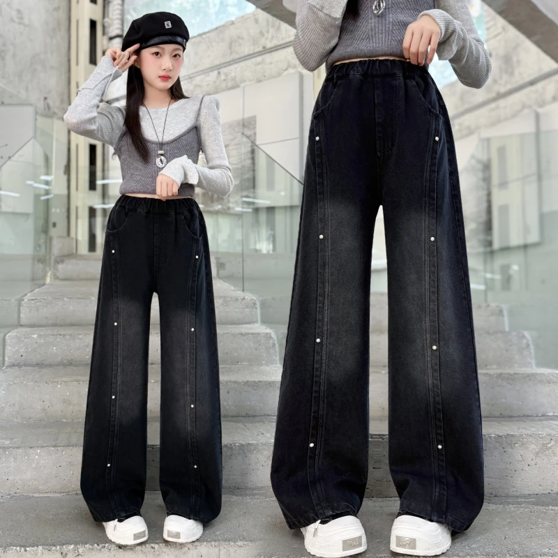 Trendy Girls' Black Straight-leg Denim Pants with Studded Front Seam and Whiskered Knees, Casual Street-style Trousers for 2026