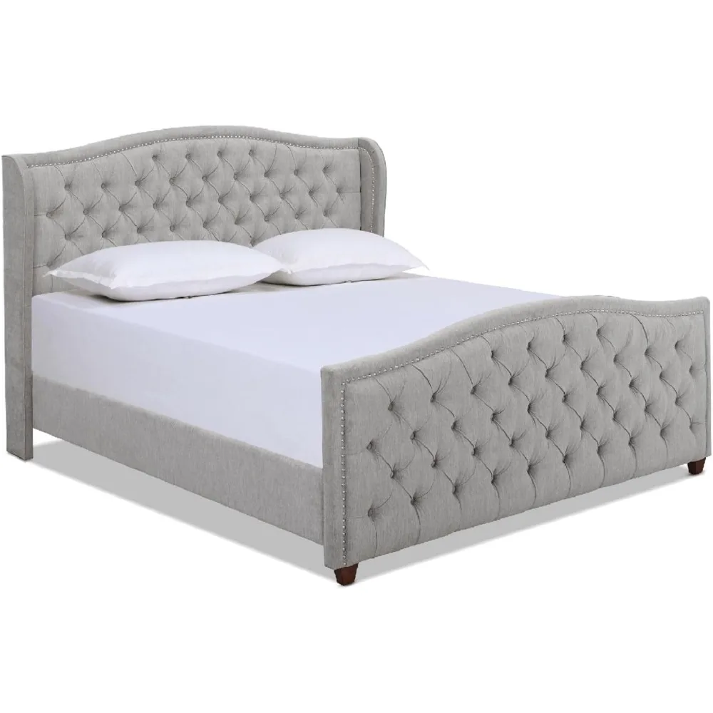 Home Marcella Upholstered Shelter Headboard Bed Set, King, Silver Grey Polyester