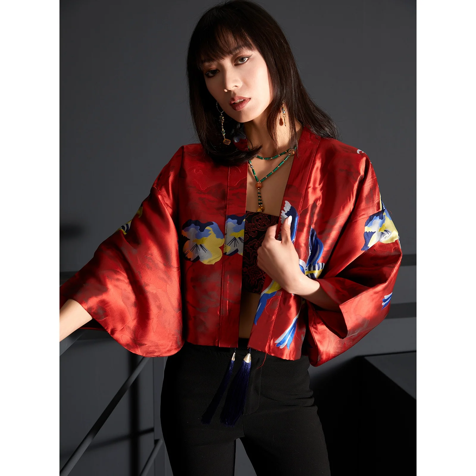 

Autumnal Original Retro Open Cardigan Improved Kimono Sle Tassel Trimmed ort Outerwear Ladies' Faion Polyester
