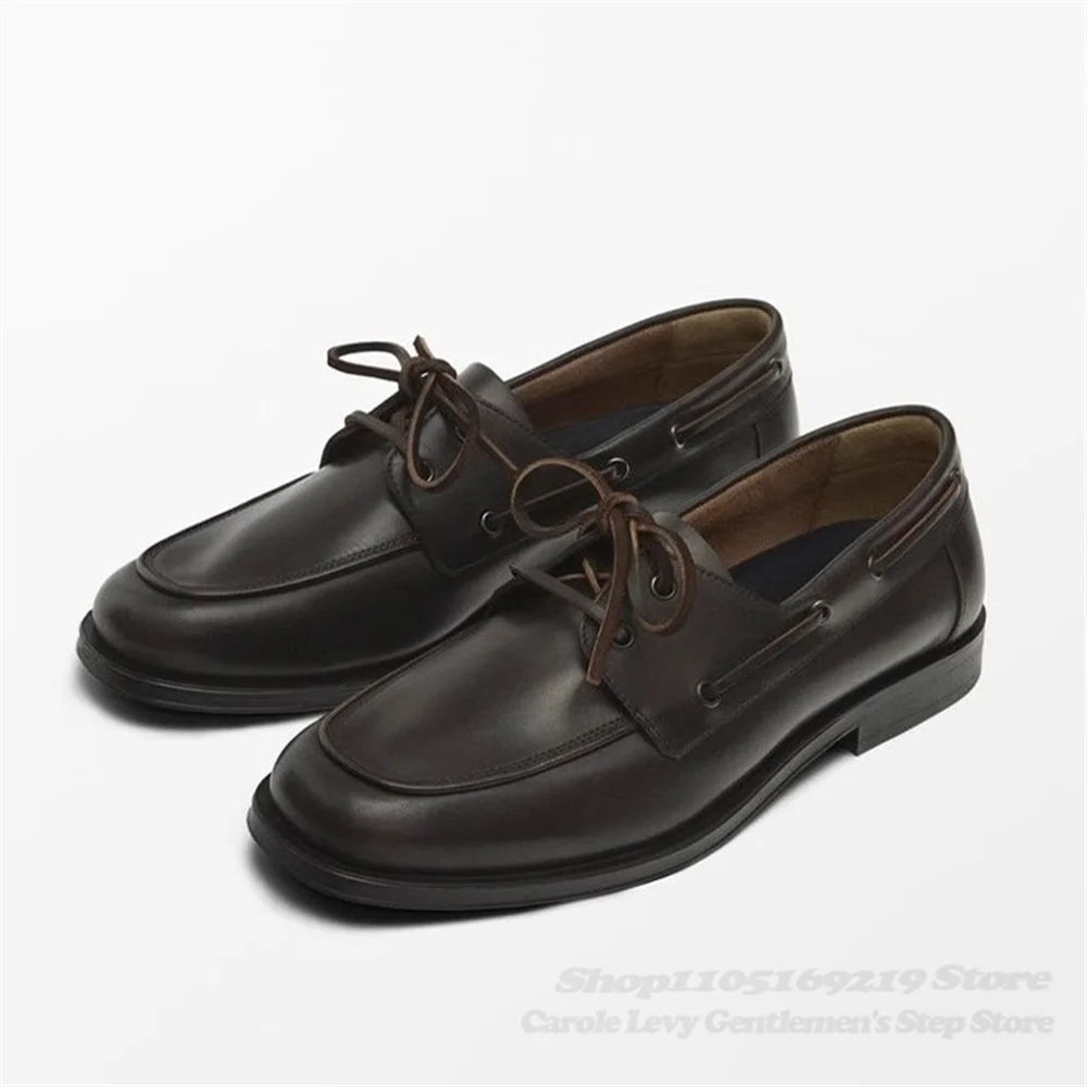 Brown Cowhide Loafers Autumn New British Style Round Toe Lace Up Flat Casual Sewing Classic Business Luxury Leather Shoes