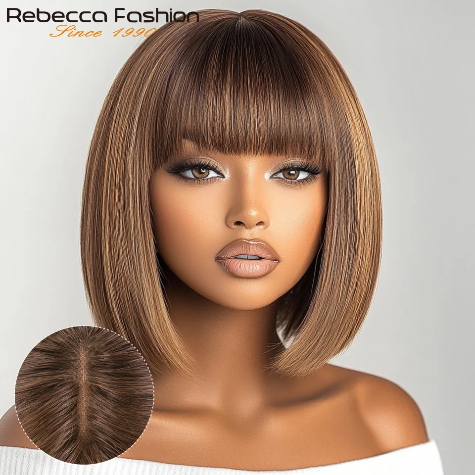 

Human Hair Straight Bob Lace Wigs Straight Human Hair Wigs With Bangs #27 Brown Fringe Middle Part Bob Lace Wigs Realistic Scalp