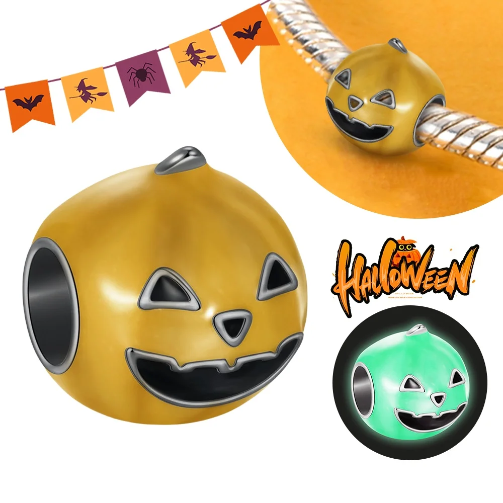 925 Sterling Silver Cute Glowing in Dark Halloween Pumpkin Charms Bead Fit Original DIY Bracelet for Jewelry Making Women Gifts
