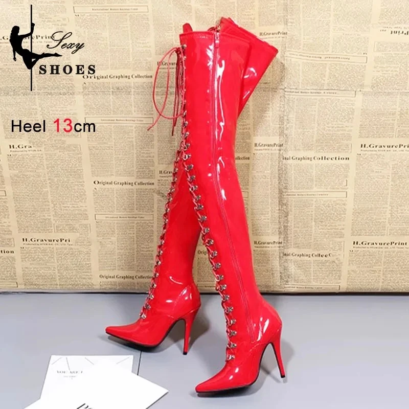 Over-the-Knee 12CM/5Inchs Sexy Women Boots New Black High Heels Shoes Thigh High Boots Spring Leather Long Stripper Shoes Female