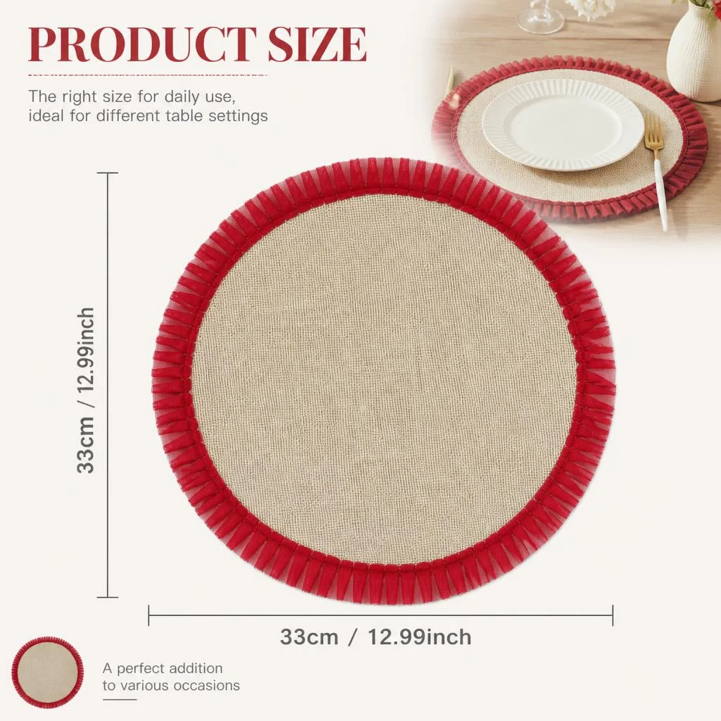 Round placemats with wooden ears pastoral retro jute woven fabric red gauze pleated lotus leaf edge design for daily dining