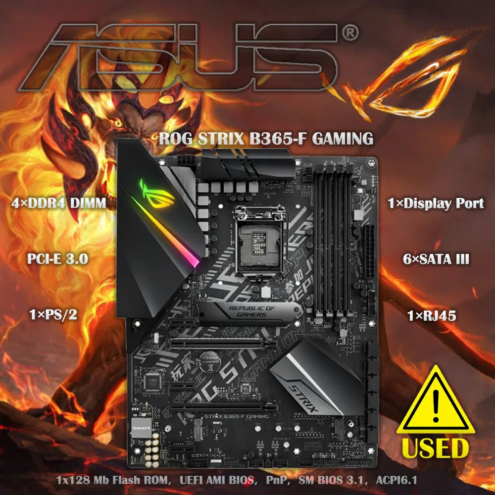 Used ASUS ROG STRIX B365-F GAMING motherboard with Aura Sync RGB LGA-1151 B365 ATX Gaming Motherboard