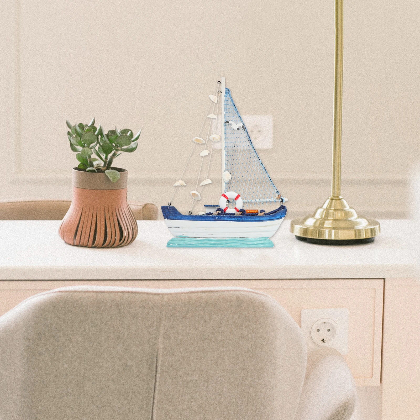 

Wooden Shell Sailboat Decoration Beach Themed Boat Ornament Sailing Ship Anchor Decor For Home Office Desktop Kids Room Coffee
