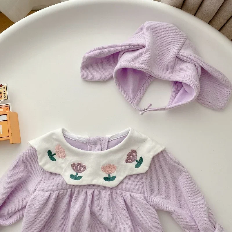 Cute Baby Girl Romper 0-24Months Princess Newborn Long Sleeve Embroidery Flower Neck Cotton Bodysuit Hat 2PCS Autumn Clothes