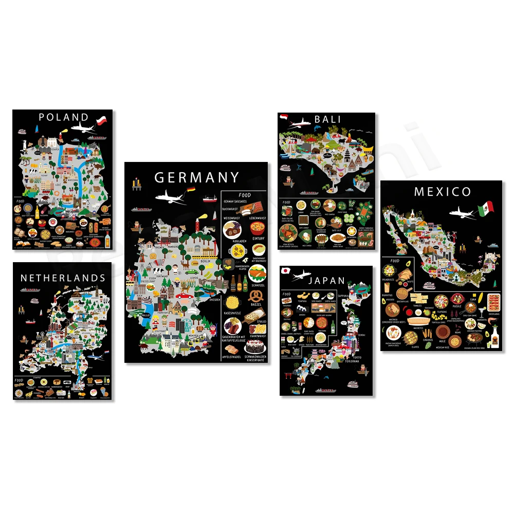 Mexico, Germany, The Hague, Japan, Curacao, Hawaii, Netherlands, Thailand, Dubai, Ireland, food print, fun travel map poster