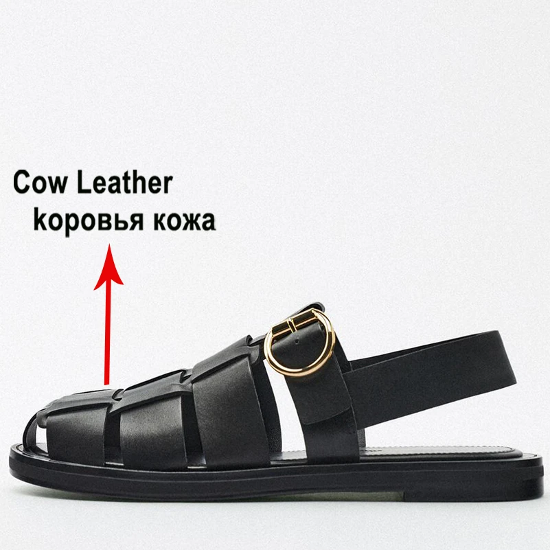 ANNYMOLI Women Shoes Genuine Leather Gladiator Sandals  Round Toe Flats Buckle Female Footwear 2022 Summer Black Big Size 43