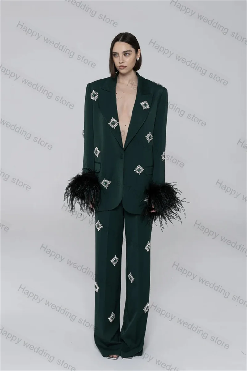 Blazer e calças com cristais de penas para mulheres, casaco formal de senhora do escritório, smoking de casamento, verde escuro, calças sob medida, luxo, 2 peças