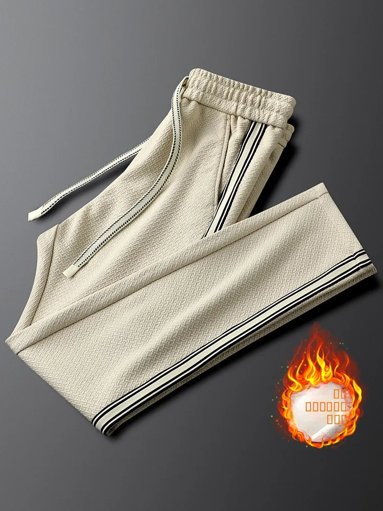 

Мужские повседневные брюки с боковыми полосками, вязаные, на флисовой подкладке, теплые, прямого кроя, модные, в городском стиле, зимние штаны