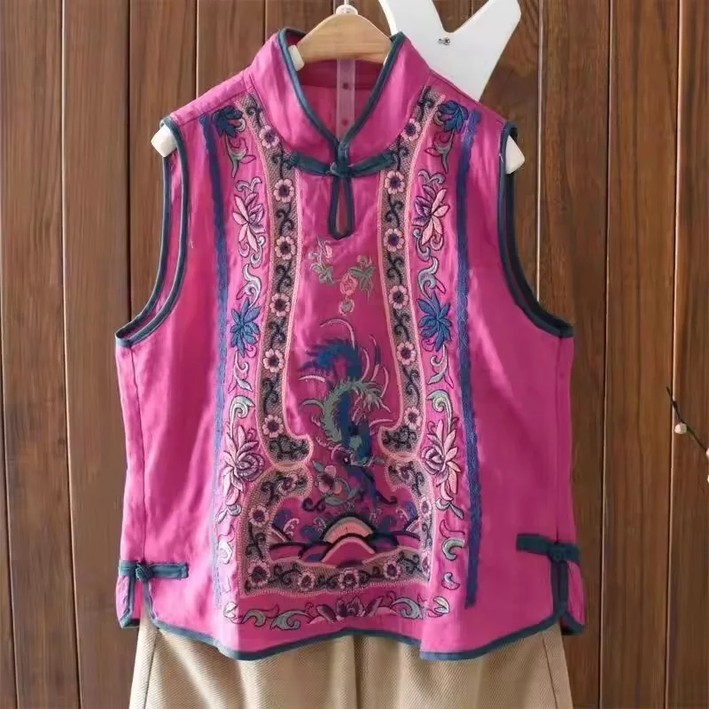

2026 Summer Female Ethnic Style Sleeveless Cotton Linen Top Embroidered Vest Women Wearing Button Up Slim Standing Collar Vest