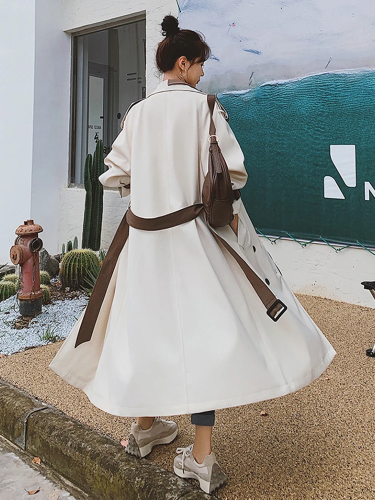 [MODX]  Beige Color-block Belted Trench Women New Lapel Long Sleeve Loose Fit Windbreaker Fashion Tide Spring Autumn 2024