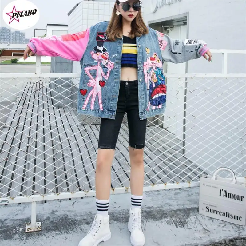 PULABO Autumn Cartoon Streetwear Denim Coat Single Breasted Spliced Coat Turn-down Collar Loose Coat Woman PULABO