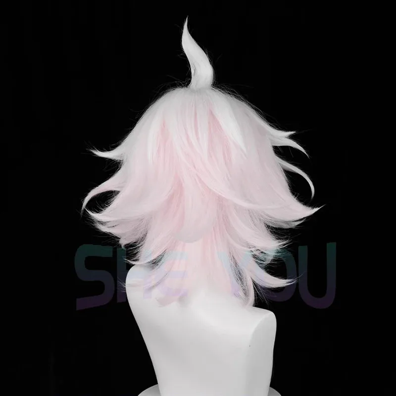 2025 danganronpa nagito komaeda 37cm curto rosa branco gradiente peruca anime cosplay resistente ao calor sintético ha