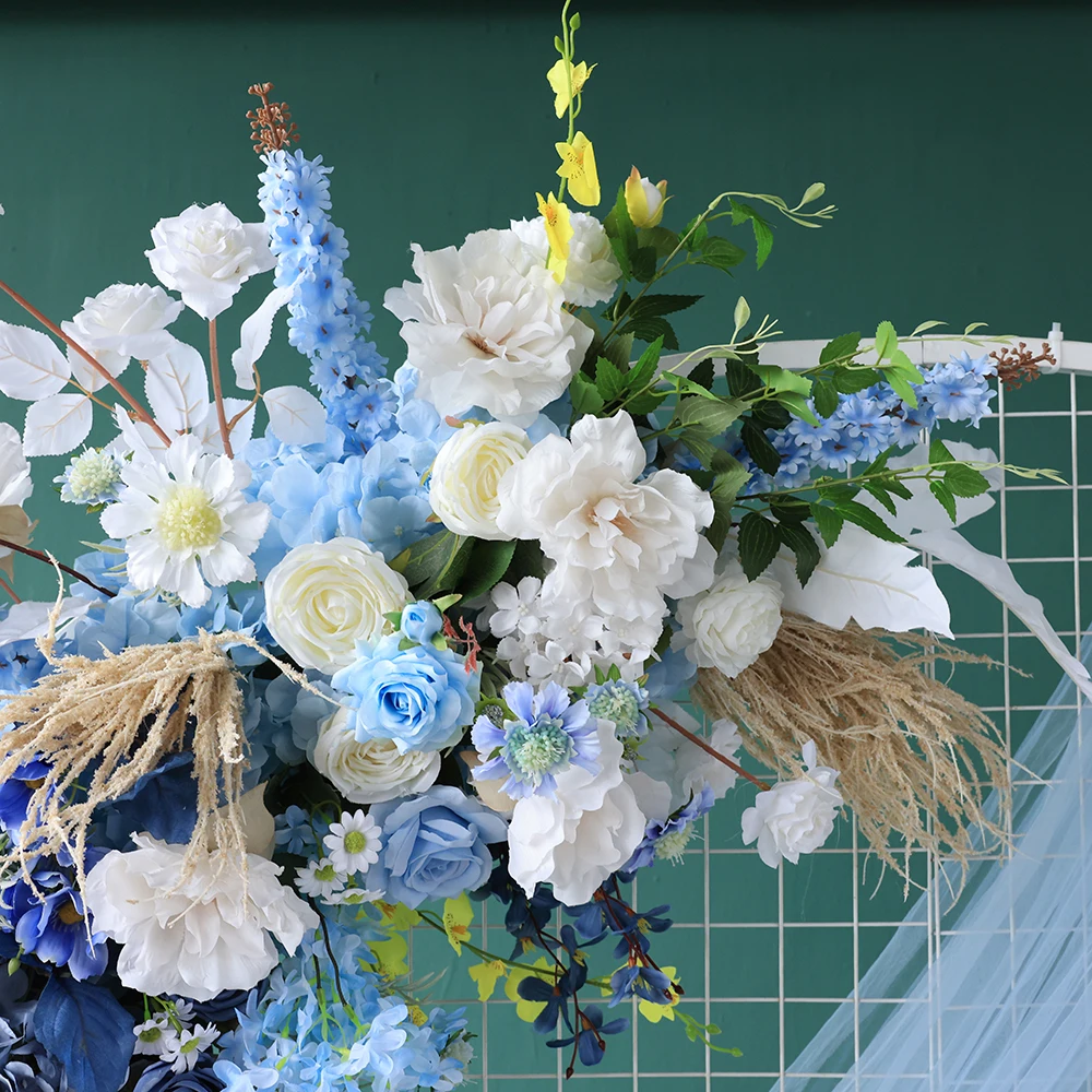 Artificial Flowers Wedding Decoration Custom High Quality Blue Fake Floral Arrangement W2.4ft Rose Wildflowers Runner HY2293