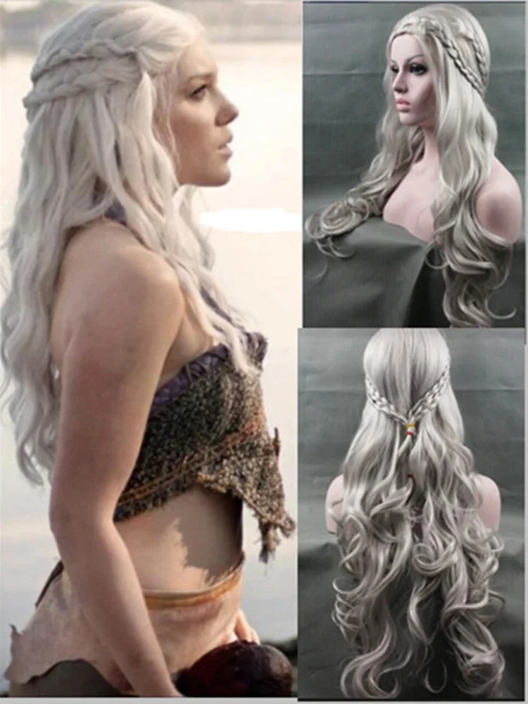 Strongbeauty longo ondulado prata fantasia de peruca cosplay peruca de cabelo peruca