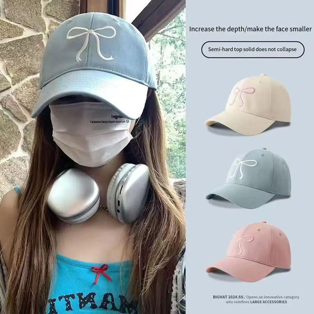 

2025 Summer New School Wide Brim Cap Big Head Baseball Hat Bowknot Embroidery Snapback Outdoor Sports Sun Protection Women's Cap