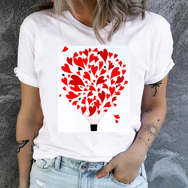 Love Flower Hot Air Balloon Top Short Sleeve T-shirt Woman Harajuku Graphic T Shirts Women Clothing  Summer polyester fabric