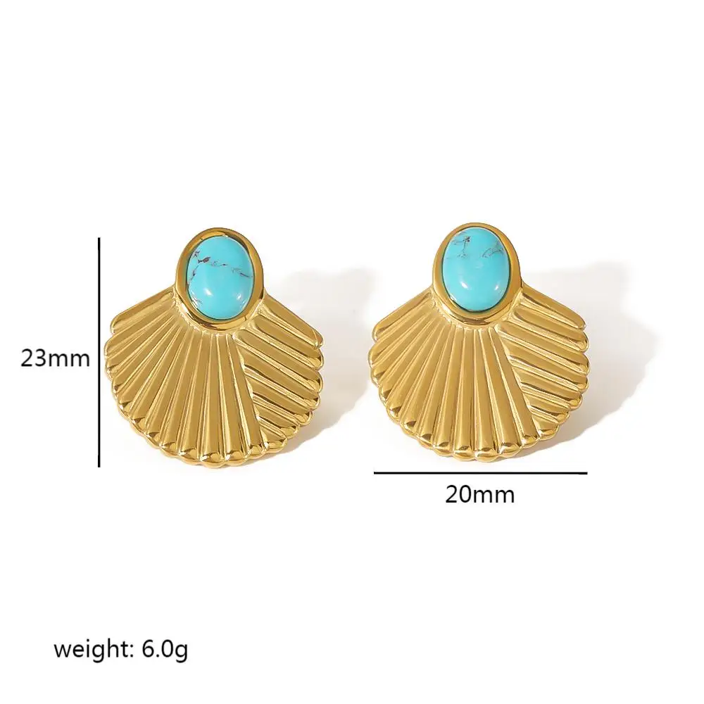 Fashion Elegant Boho Turquoise Earrings High Quanlity 18K Gold Plated Stainless Steel Texture Geometric Stud Earrings for Women