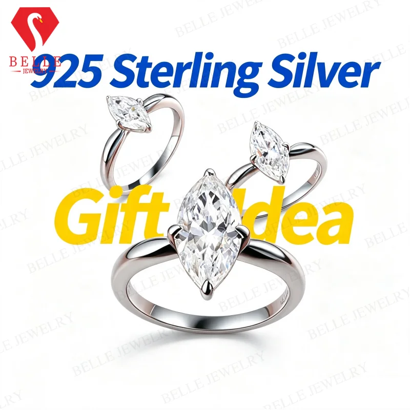 Moissanite Ring 925 Sterling Silver 1‑3CT D Marquise GRA Certified Fine Jewelry Hypoallergenic Fade Resistant Present Ornament