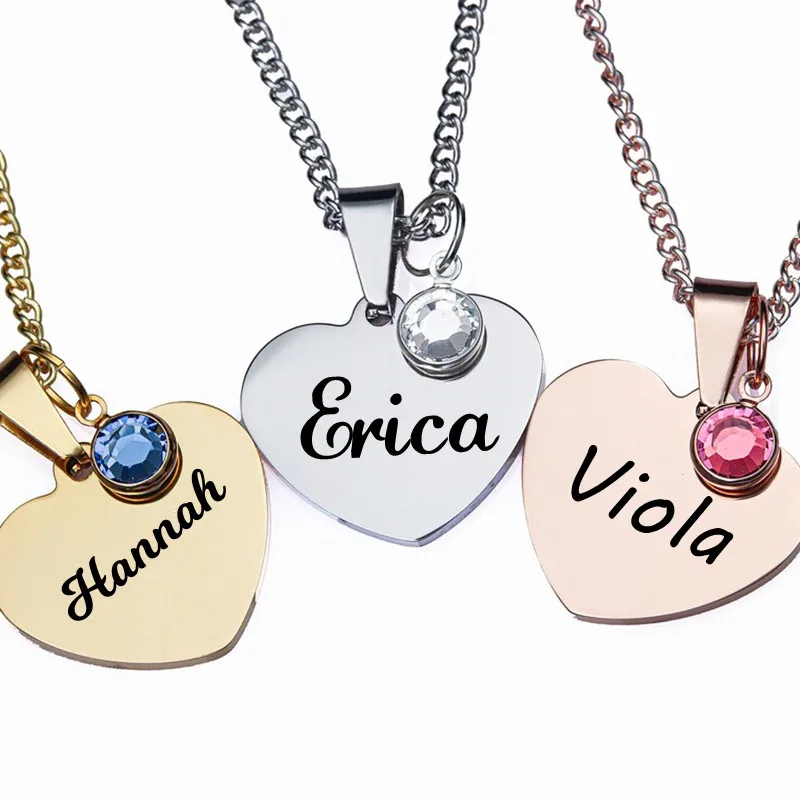 Engraved Love Heart Necklace with Birth Stone Custom Text Birthday Rhinestone Pendant Stainless Steel Jewellery Gift for Women