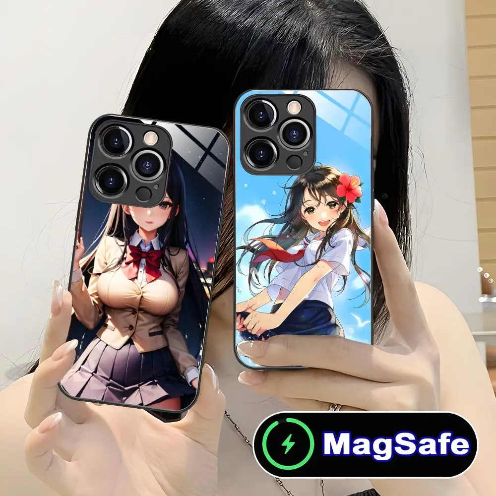 JK زي مدرسي فتاة قضية الهاتف آيفون 16 15 14 13 12 11 برو ماكس زائد Mini MagSafe زجاج اللون واقية غطاء فاخر #3