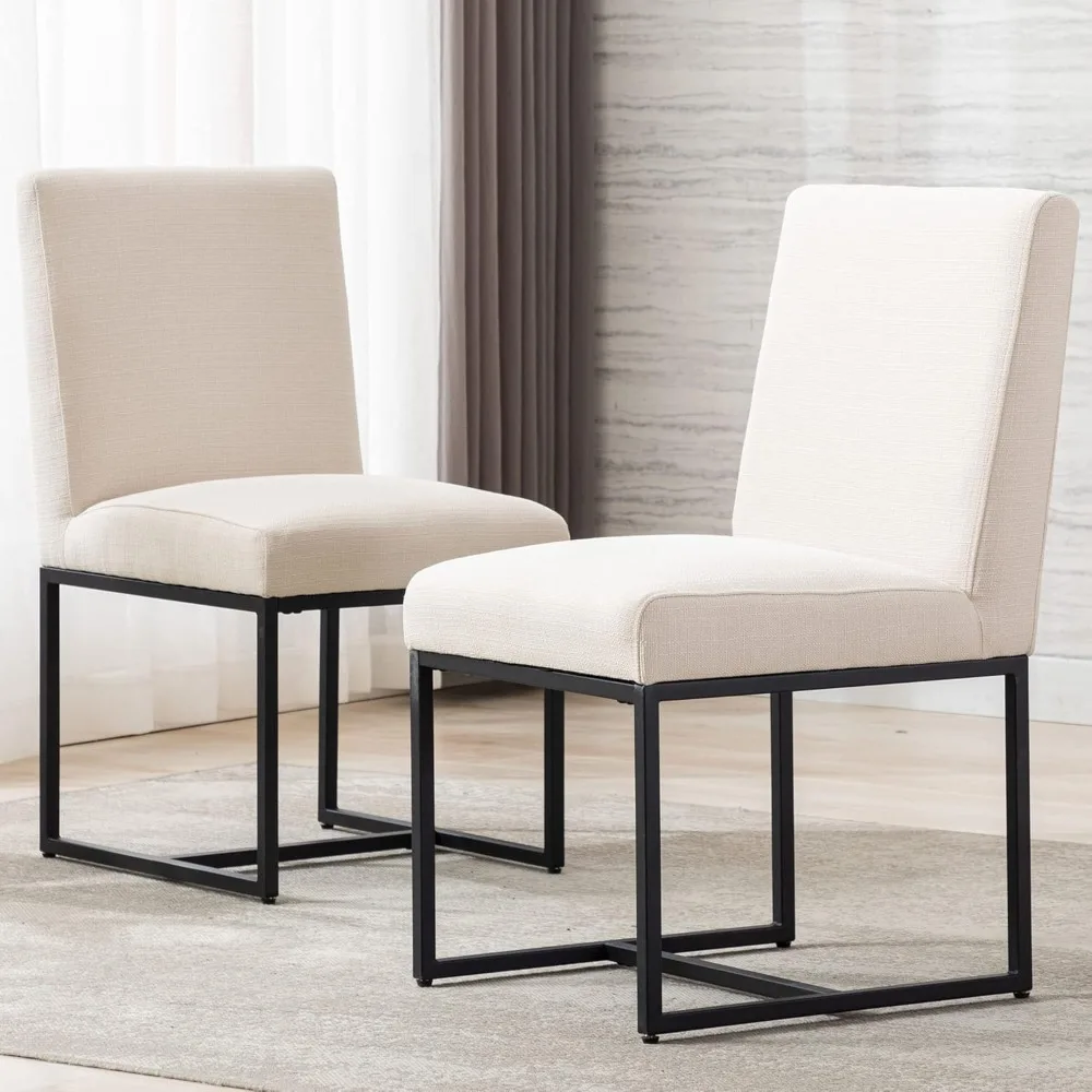 Dining Chairs Set of 2 with Black Metal Frame Mid for Restaurant Century Modern Padded Chair Linen Upholstered Chair