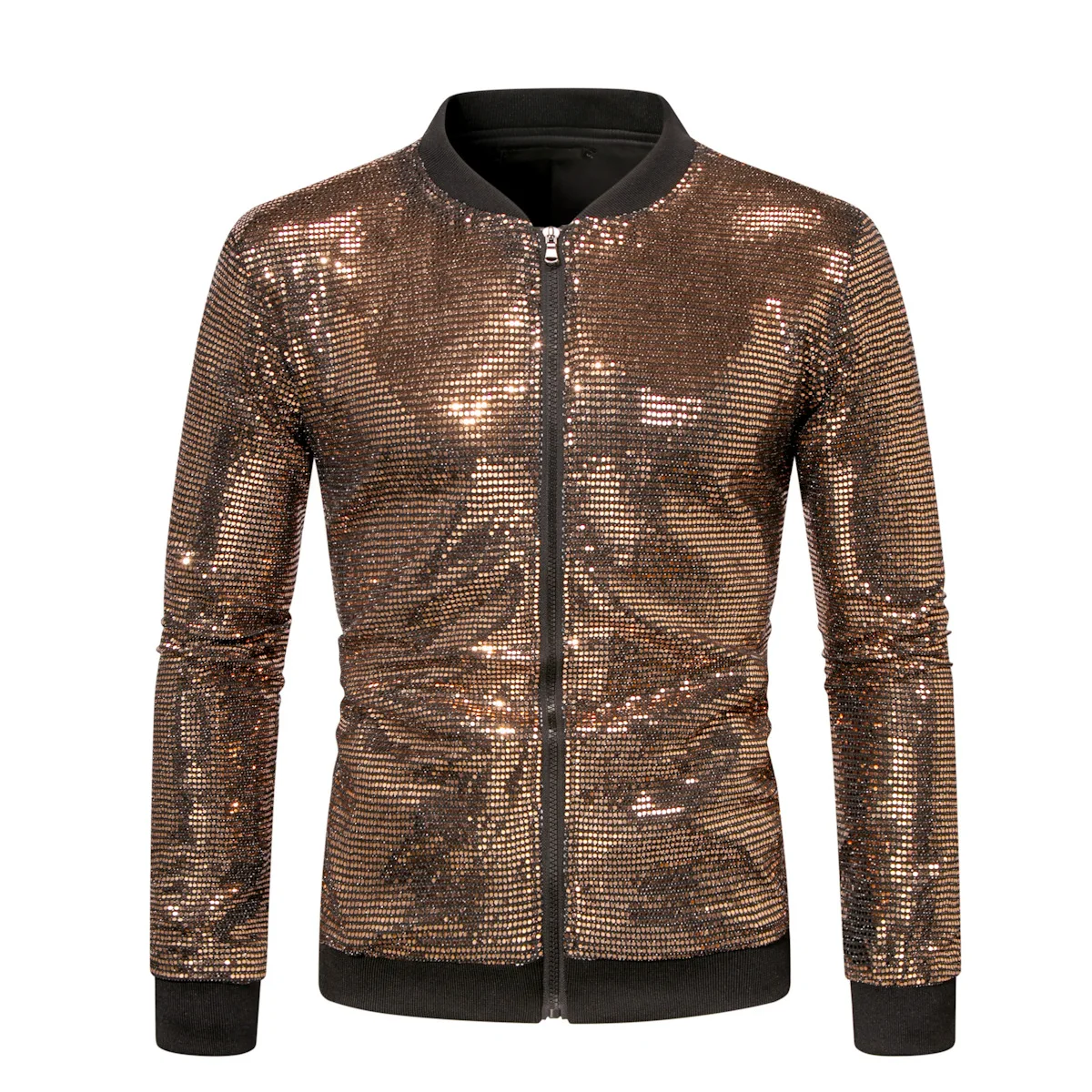 

Gold Silver Shiny Zipper Jacket Oversize Street Stage Performance Hoodie Men's Standard Fit Long Sleeve Baseball Collar Coat